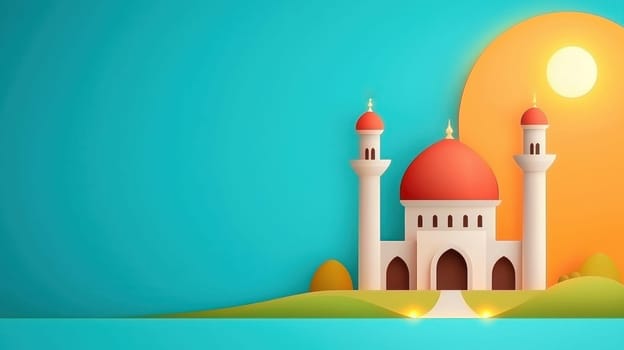 Majestic mosque with glowing minarets against vibrant sunset backdrop.