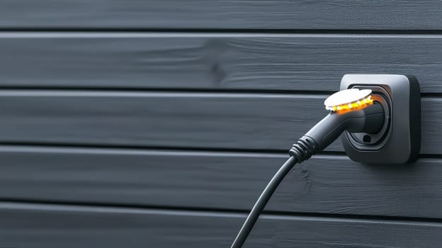 Electric vehicle charging station on wooden wall, showcasing modern technology.