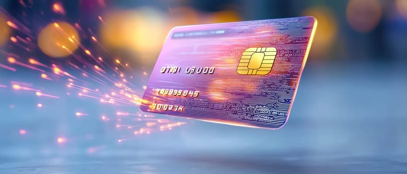 holographic credit card spins in mid air, showcasing its vibrant design and technology.