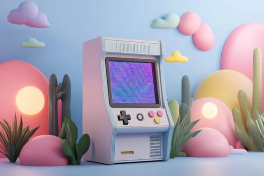 nostalgic scene of retro video game console surrounded by colorful elements.