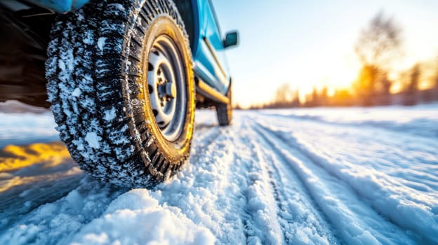 close up view of pickup truck tire on snowy road, showcasing winter driving conditions.