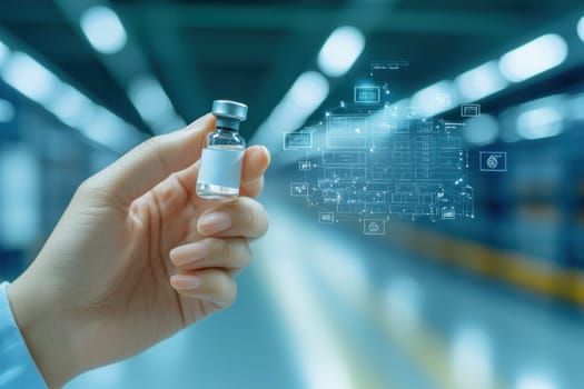 hand holding vial of vaccine with digital interface in background.
