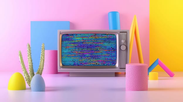 vintage television set displays colorful static in vibrant scene.