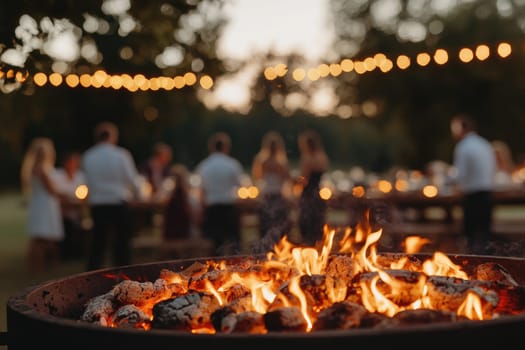 Captivating view of glowing coals in a barbecue during an outdoor evening gathering, creating a warm and inviting atmosphere for friends and family.