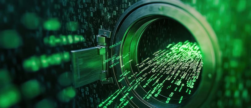 digital vault door opens, revealing streams of green data flowing out, creating sense of mystery.