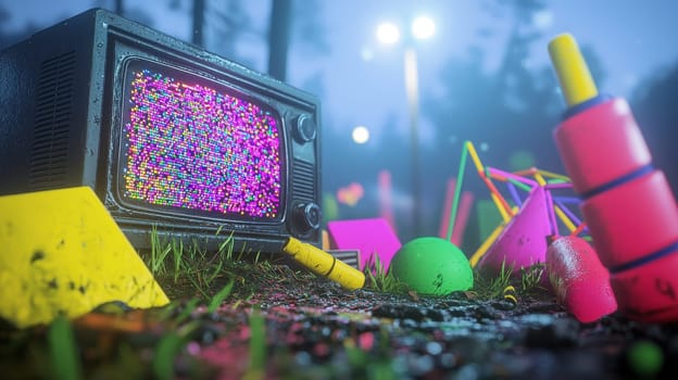vintage television set surrounded by colorful geometric shapes evokes nostalgia and creativity.