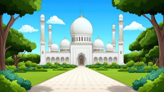 grand Islamic mosque with beautiful architecture surrounded by lush greenery.