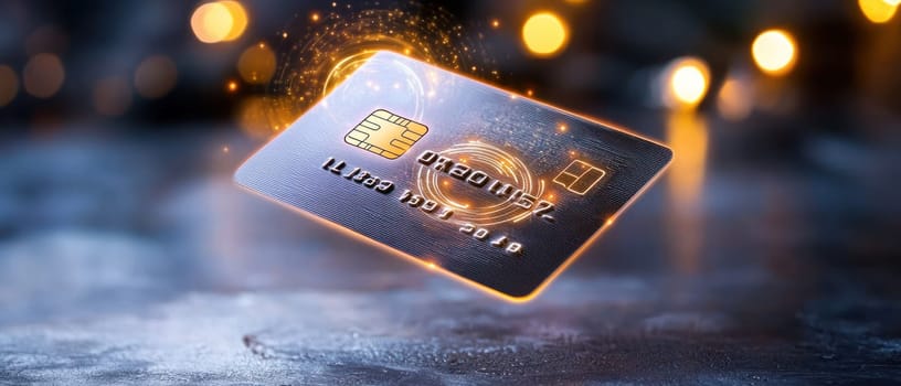 holographic credit card spinning in mid air, showcasing its unique design and technology.