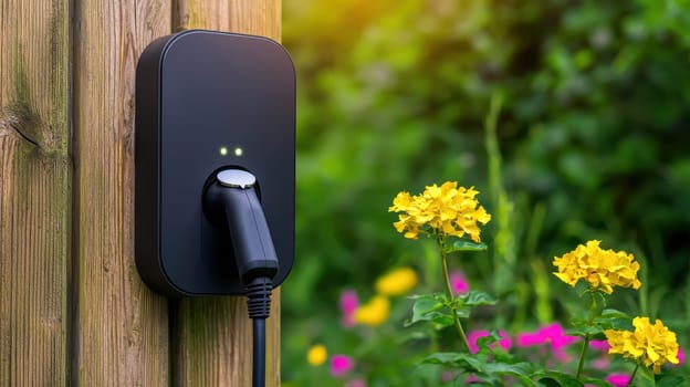 modern electric vehicle charger mounted on wooden post surrounded by vibrant flowers.