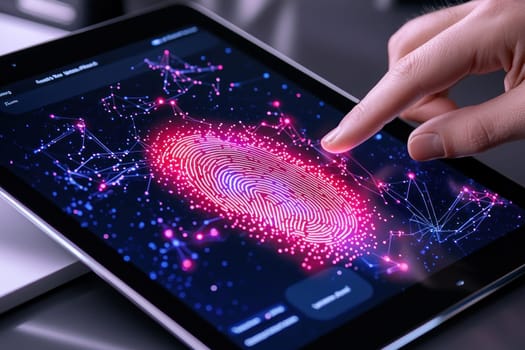 Digital fingerprint scanning on tablet showcases advanced technology and security.