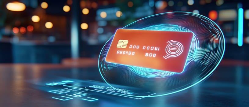 holographic credit card spins gracefully in mid air, showcasing its futuristic design.