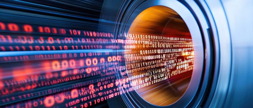 Digital vault door opening with streams of binary code, symbolizing security and technology.