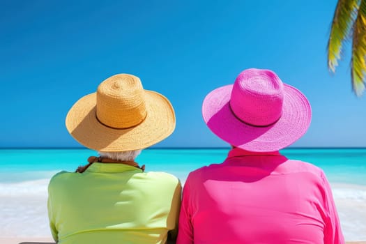 Relaxing on tropical beach, retired couple enjoys sunny view.