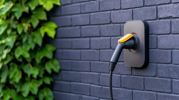 Charging station for electric vehicle on brick wall with greenery.