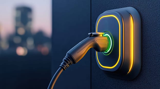 Charging station for electric vehicle with glowing indicator lights.