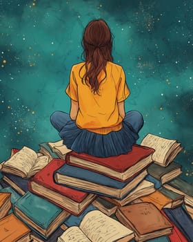 Illustration girl sitting on a stack of books.Concept of knowledge. Selective focus.