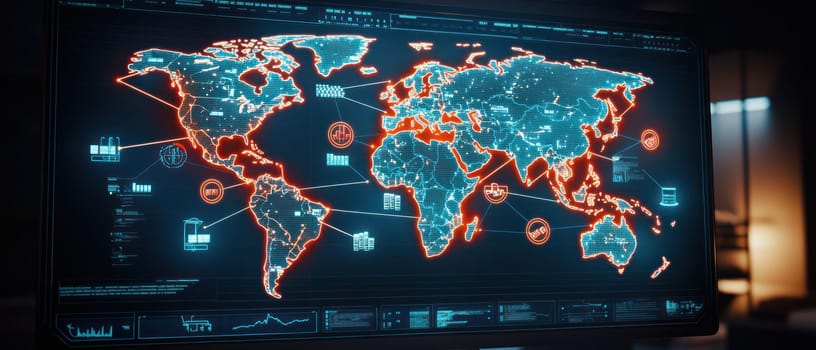 digital world map displayed on screen, showcasing data visualization and analytics.