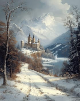 Winter castle standing on the shore of a reservoir against the backdrop of mountains. Selective focus.