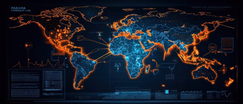 global map displayed on digital screen with vibrant highlights, showcasing data trends.