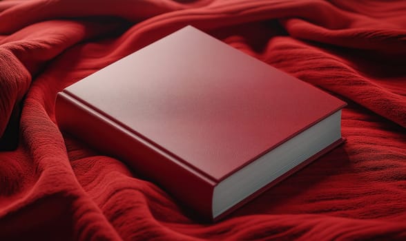 3d red book with blank cover on red background. Selective focus.