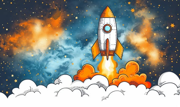 Illustration of a rocket taking off to distant stars. Selective focus.