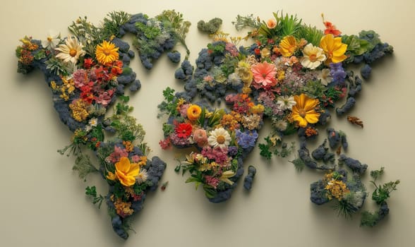 Creative design of a world map laid out of flowers, on a light background. Selective focus.