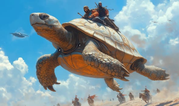 Fantasy flying huge turtles with riders. Selective focus.