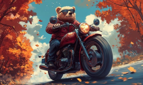 Illustration of a bear in a jacket on a bike in an autumn forest. Selective focus.