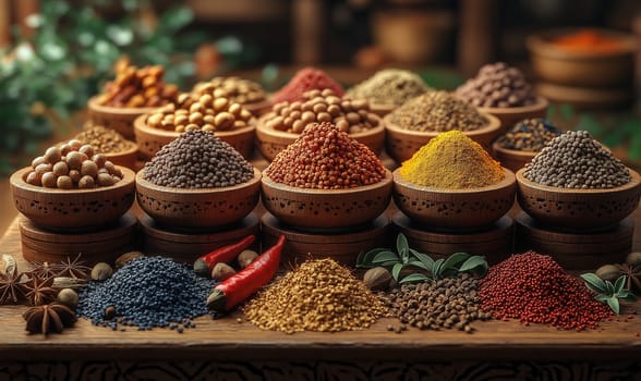 Fresh spices and herbs for food on table. Selective focus.