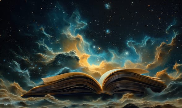 Illustration with magic around an open book carrying information. Selective focus.