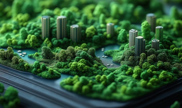 Miniature model of a city landscape with a green landscape, harmonious balance. Selective focus.