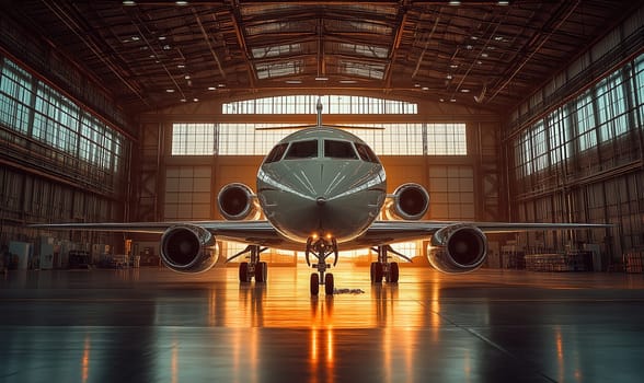 Airplane in hangar before technical inspection. Selective focus.