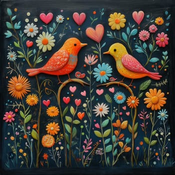 Black textured background with painted birds, flowers and hearts. Selective focus.