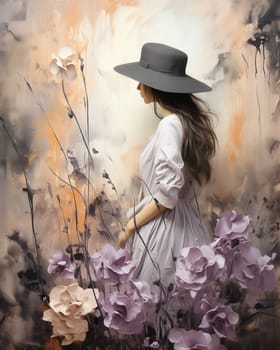 Painting woman in hat walking among flowers, abstract painting. Selective focus.