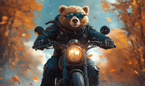 Illustration of a bear in a jacket on a bike in an autumn forest. Selective focus.