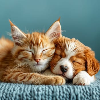 Cat and a dog are laying on a bed together. The cat is sleeping and the dog is looking at the camera