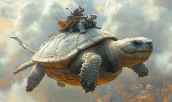 Fantasy flying huge turtles with riders. Selective focus.