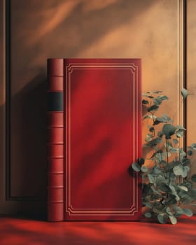 3D red book with blank cover stands on table. Selective focus.