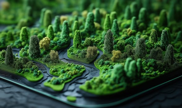 Miniature model of a city landscape with a green landscape, harmonious balance. Selective focus.