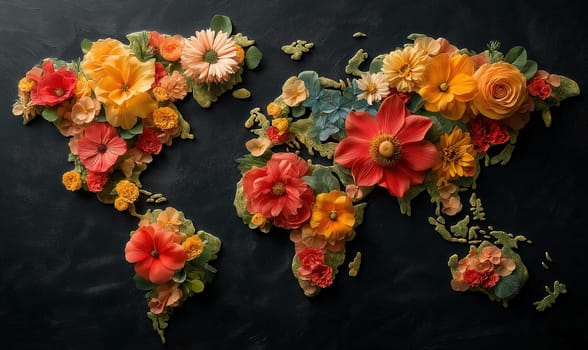 Creative design of a world map laid out of flowers, on a dark background. Selective focus.