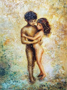 Painting of two young lovers embracing in a golden paradise, illustrating the concept of love, innocence, and the garden of eden