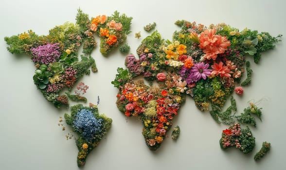 Creative design of a world map laid out of flowers, on a light background. Selective focus.