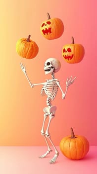 Skeleton is playfully juggling pumpkins in the air, capturing the festive spirit of halloween with an orange background and scattered white petals