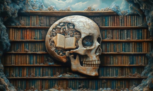 Abstract image, skulls on a background of books. Selective focus.