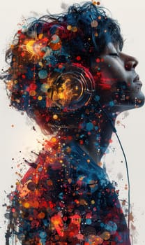 Creative colorful design, a man in headphones listening to music. Selective focus.