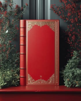 3D red book with blank cover stands on table. Selective focus.