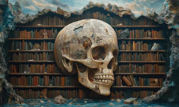 Abstract image, skulls on a background of books. Selective focus.