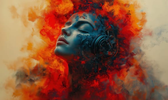 Creative colorful design, a man in headphones listening to music. Selective focus.
