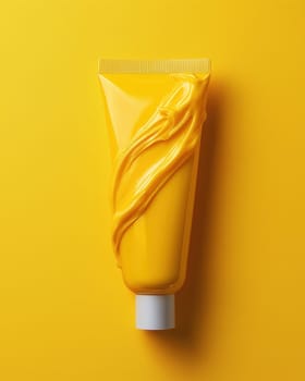 A tube of cream on a creative background, yellow on yellow. Selective focus.