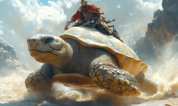 Fantasy flying huge turtles with riders. Selective focus.